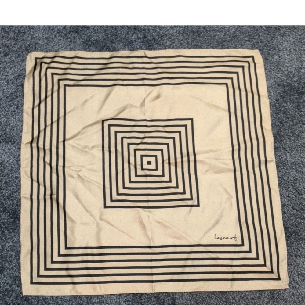 LESCARF 17" Square 100% Silk Striped Geometric Luxury Beige